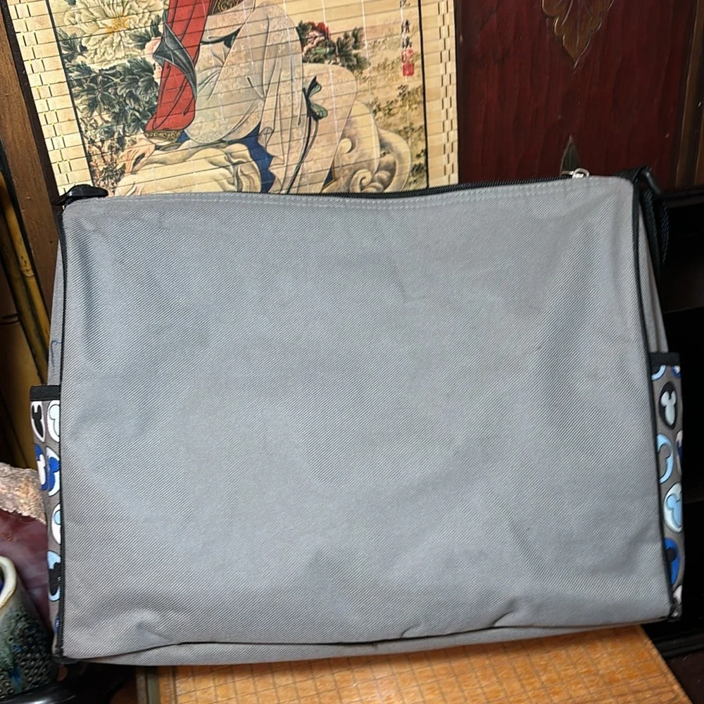 Disney Baby Diaper Bottle Shoulder Mickey Bag Grey Blue Canvas GUC 14”Lx11”Hx5”